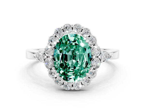 Platinum Oval Cut Green Sapphire Halo Ring with Pear Side Stones and Prong Setting