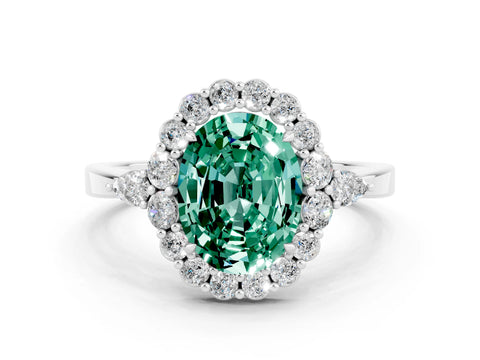 White gold Oval Cut Green Sapphire Halo Ring with Pear Side Stones and Prong Setting_24
