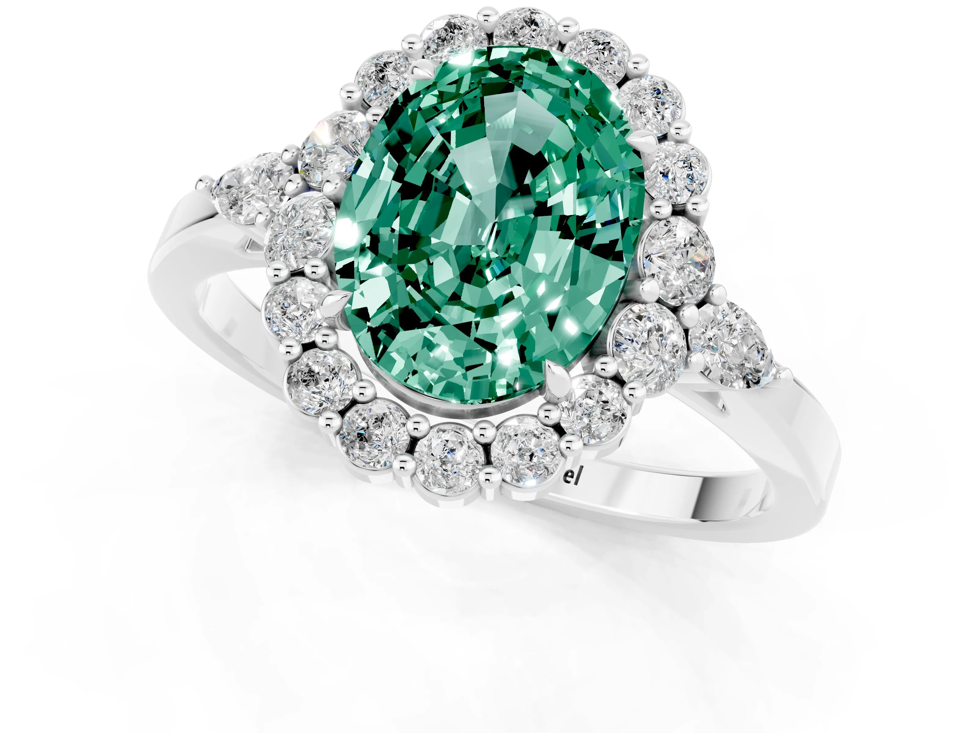 White gold Oval Cut Green Sapphire Halo Ring with Pear Side Stones and Prong Setting_25