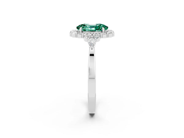 Platinum Oval Cut Green Sapphire Halo Ring with Pear Side Stones and Prong Setting