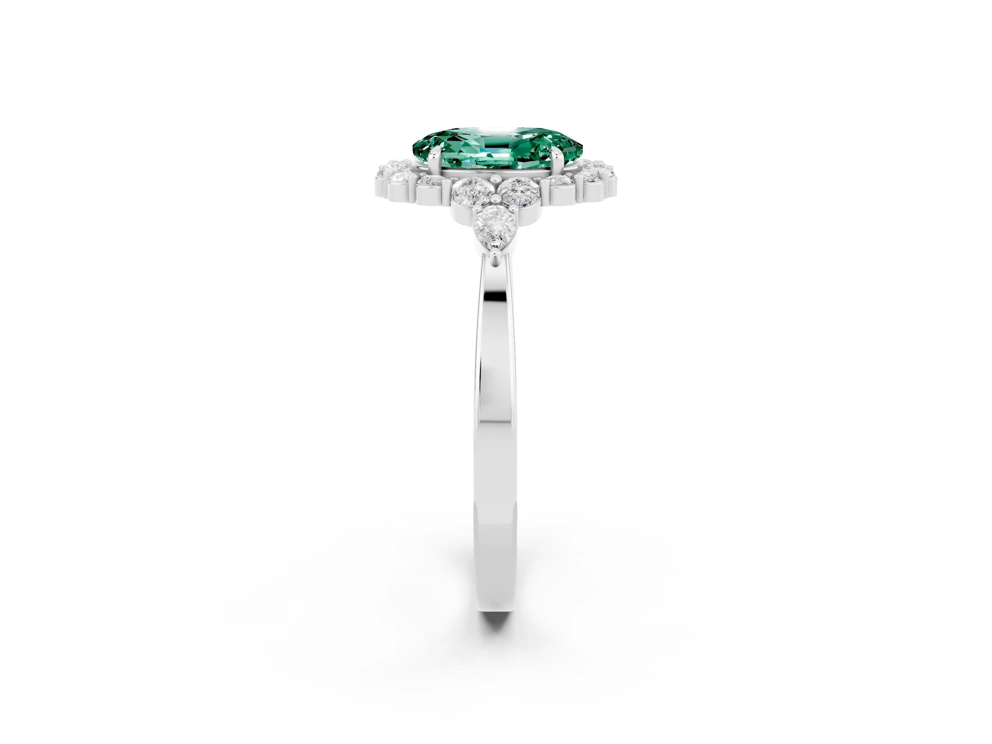 White gold Oval Cut Green Sapphire Halo Ring with Pear Side Stones and Prong Setting_26