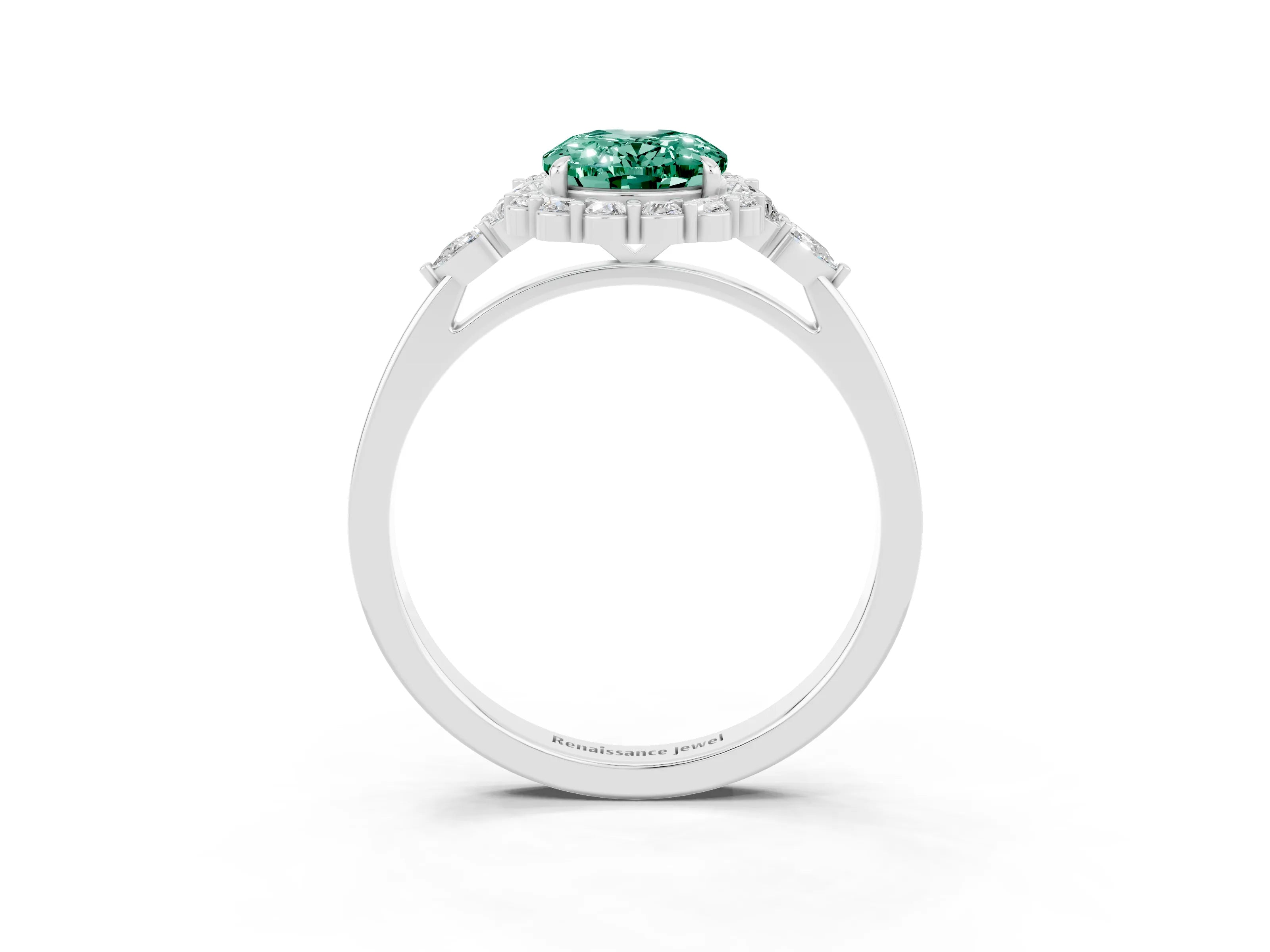 White gold Oval Cut Green Sapphire Halo Ring with Pear Side Stones and Prong Setting_27