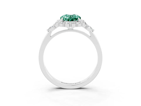 White gold Oval Cut Green Sapphire Halo Ring with Pear Side Stones and Prong Setting_27