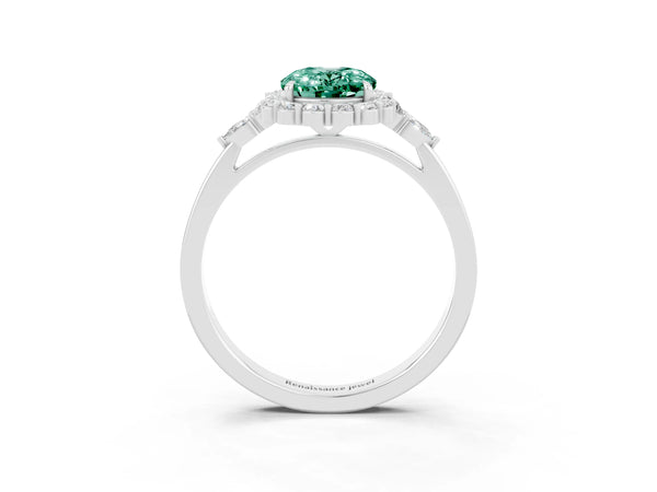 Silver Oval Cut Green Sapphire Halo Ring with Pear Side Stones and Prong Setting