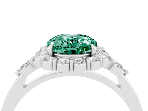 White gold Oval Cut Green Sapphire Halo Ring with Pear Side Stones and Prong Setting_28