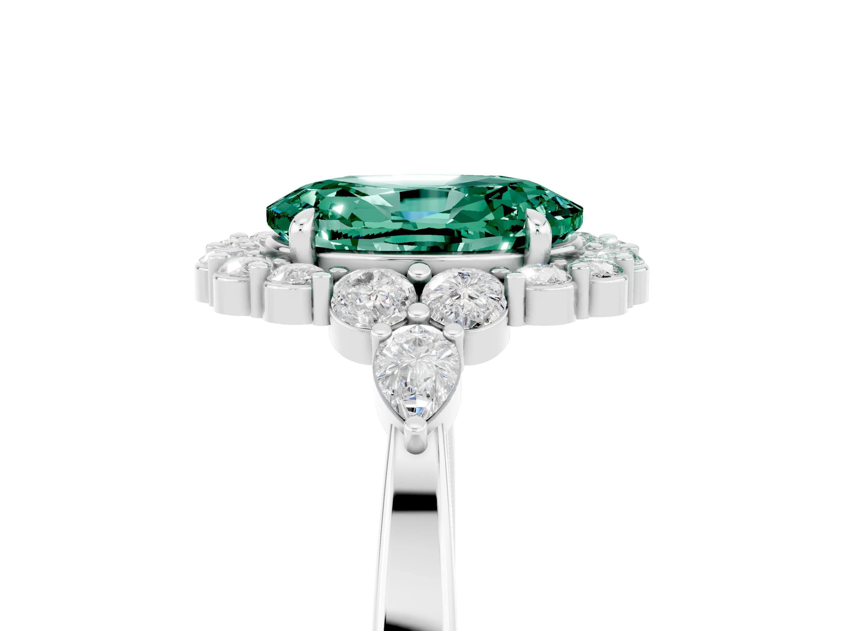 White gold Oval Cut Green Sapphire Halo Ring with Pear Side Stones and Prong Setting_29