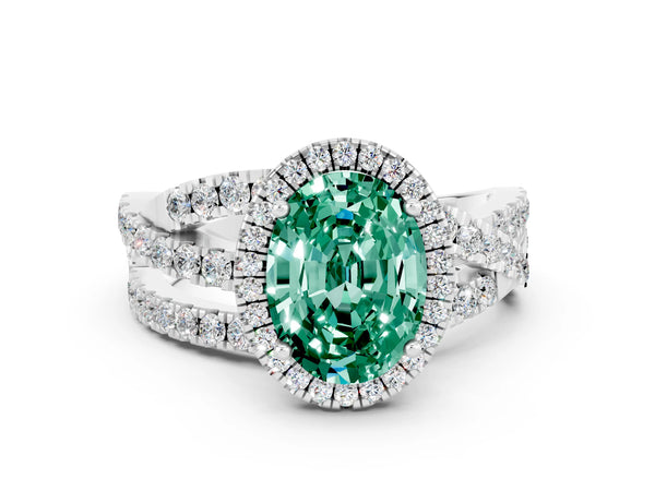 Silver Oval Cut Green Sapphire Halo Ring with Round Split Shank and Prong Setting