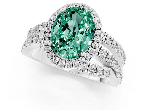 Silver Oval Cut Green Sapphire Halo Ring with Round Split Shank and Prong Setting