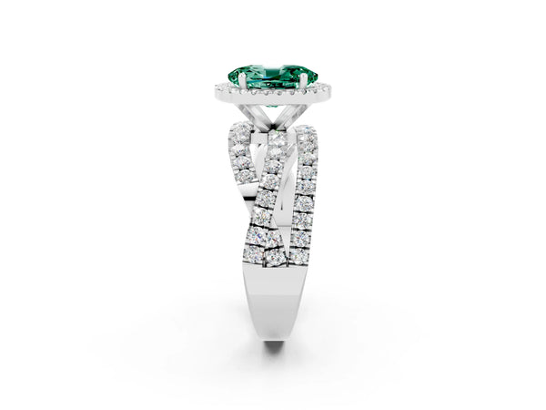 Platinum Oval Cut Green Sapphire Halo Ring with Round Split Shank and Prong Setting