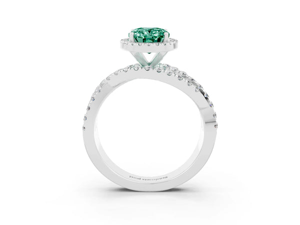 Platinum Oval Cut Green Sapphire Halo Ring with Round Split Shank and Prong Setting