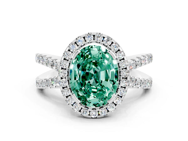 Platinum Oval Cut Green Sapphire Halo Ring with Split Shank Pavé Band and Prong Setting