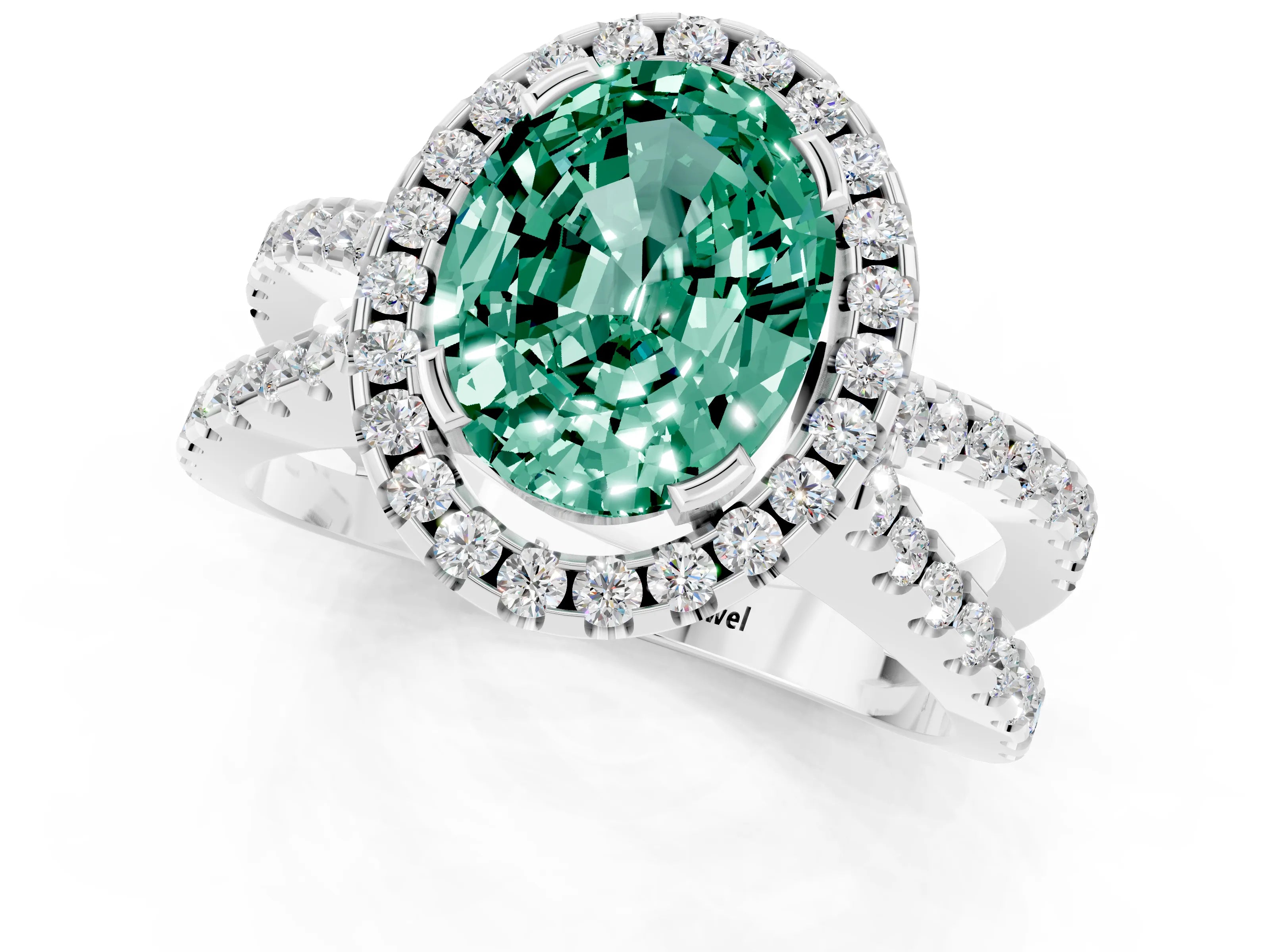 White gold Oval Cut Green Sapphire Halo Ring with Split Shank Pavé Band and Prong Setting_1