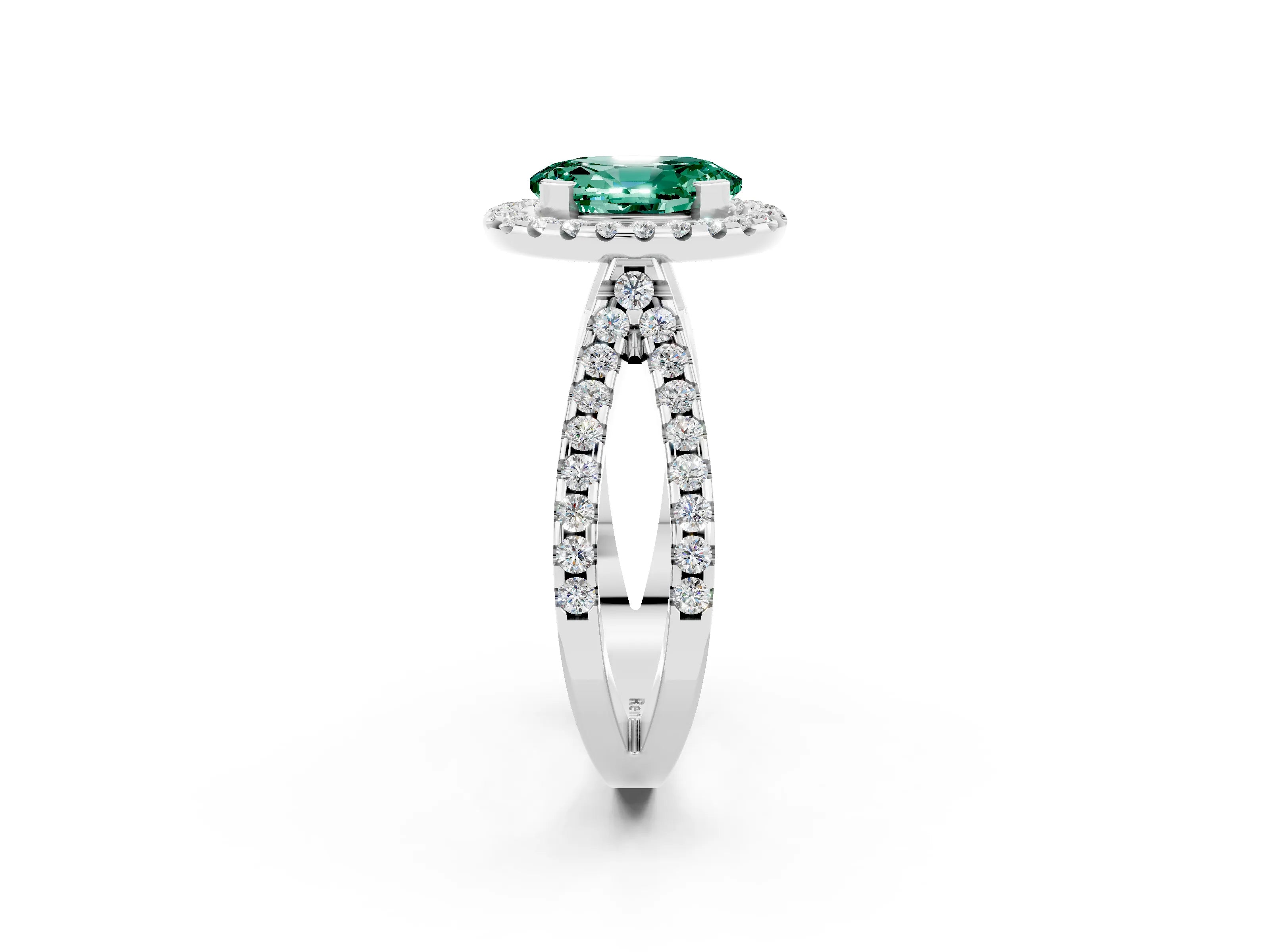 White gold Oval Cut Green Sapphire Halo Ring with Split Shank Pavé Band and Prong Setting_2