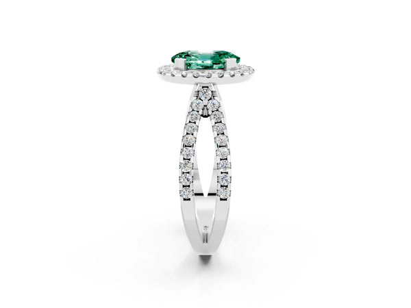 Platinum Oval Cut Green Sapphire Halo Ring with Split Shank Pavé Band and Prong Setting
