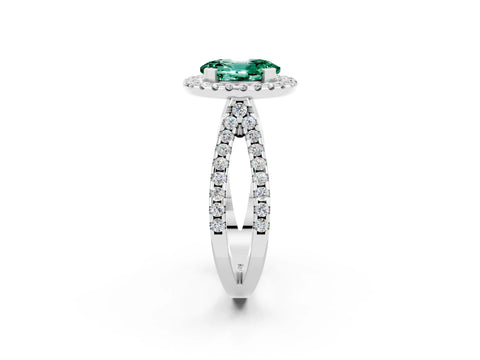 White gold Oval Cut Green Sapphire Halo Ring with Split Shank Pavé Band and Prong Setting_2