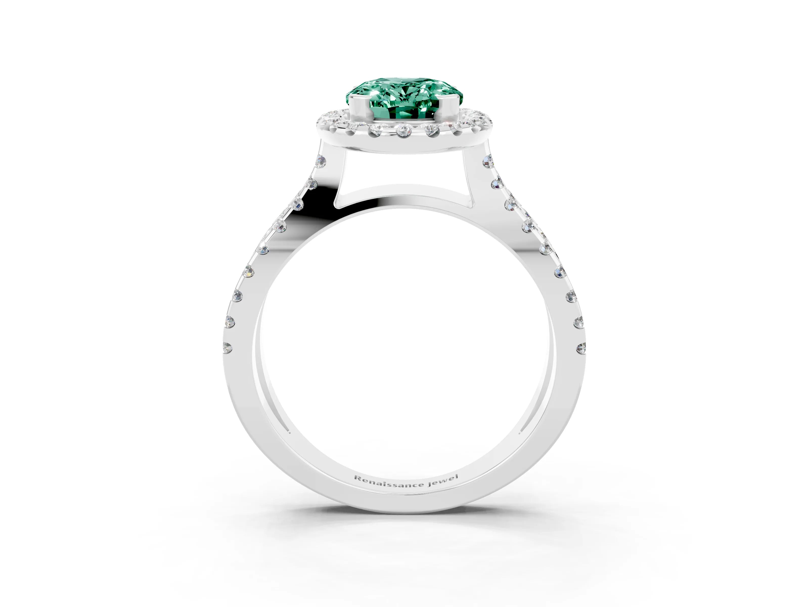 White gold Oval Cut Green Sapphire Halo Ring with Split Shank Pavé Band and Prong Setting_3
