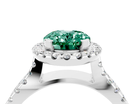 White gold Oval Cut Green Sapphire Halo Ring with Split Shank Pavé Band and Prong Setting_4