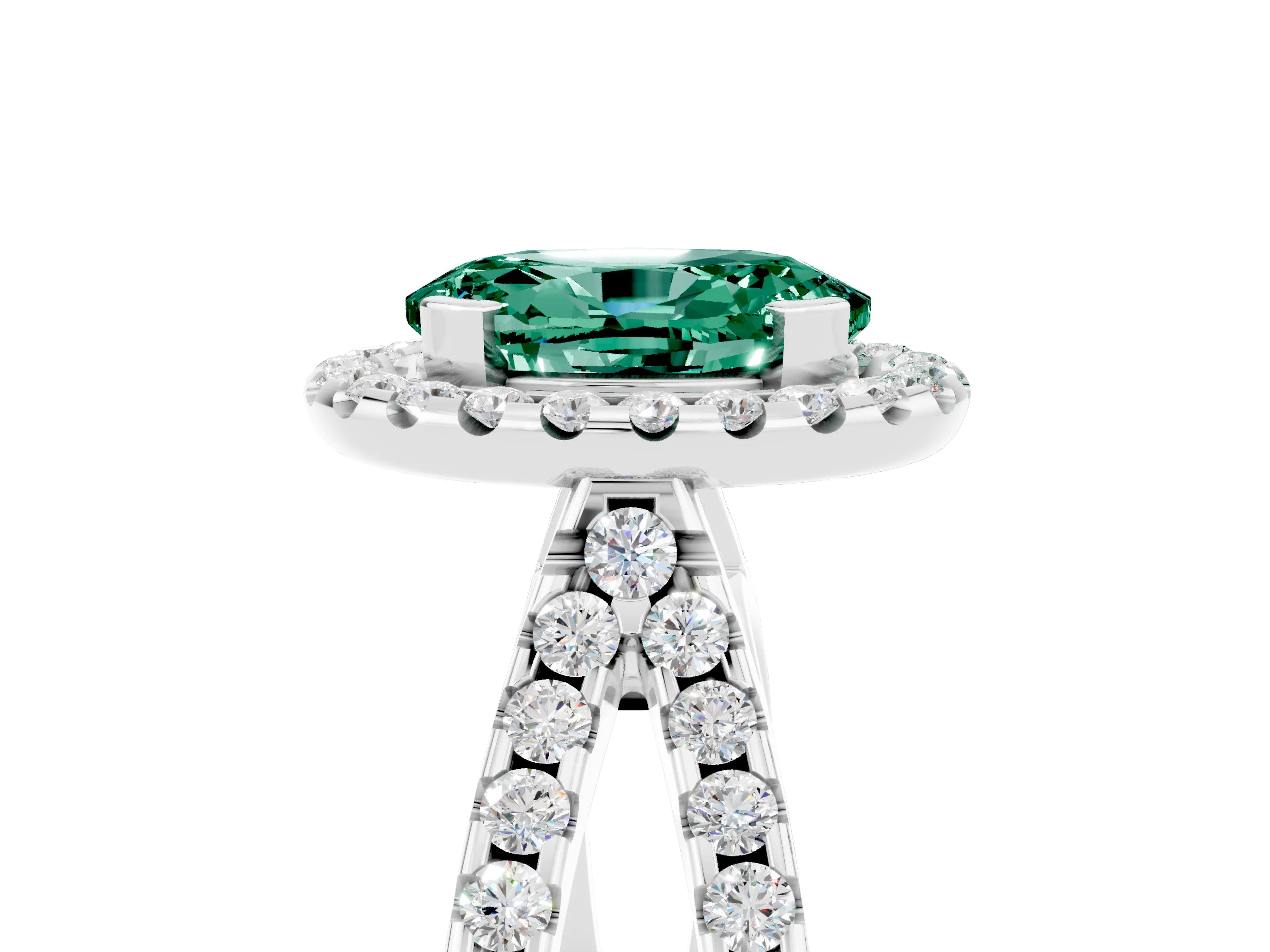 White gold Oval Cut Green Sapphire Halo Ring with Split Shank Pavé Band and Prong Setting_5