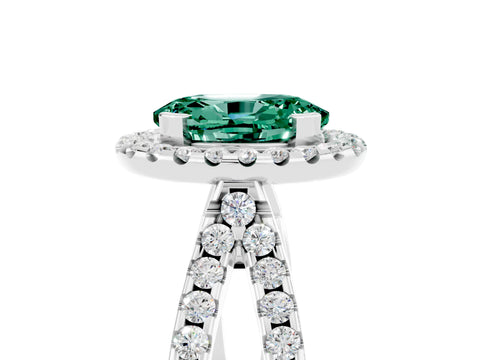 White gold Oval Cut Green Sapphire Halo Ring with Split Shank Pavé Band and Prong Setting_5