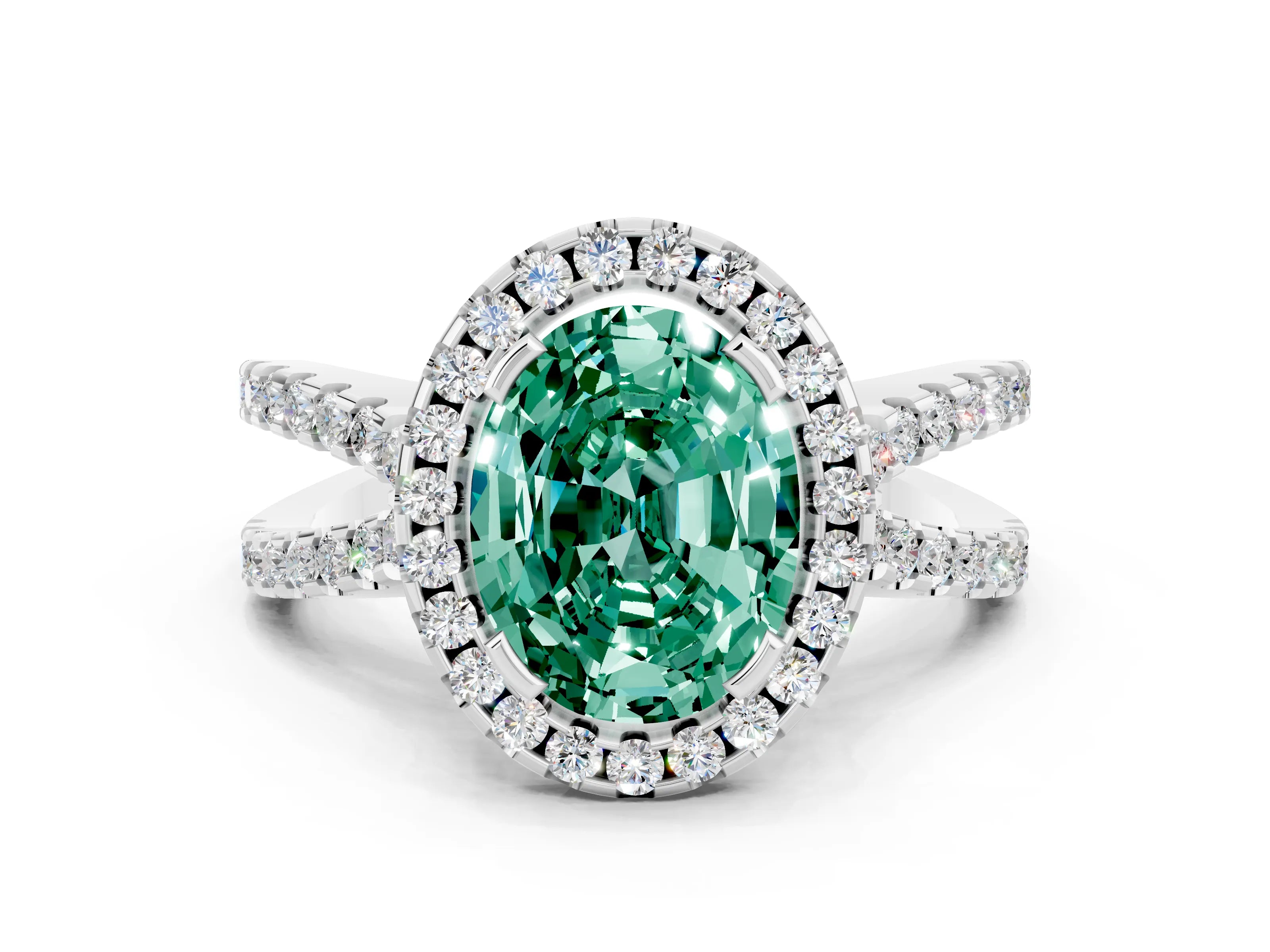 White gold Oval Cut Green Sapphire Halo Ring with Split Shank Pavé Band and Prong Setting