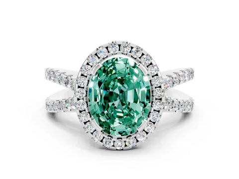 White gold Oval Cut Green Sapphire Halo Ring with Split Shank Pavé Band and Prong Setting