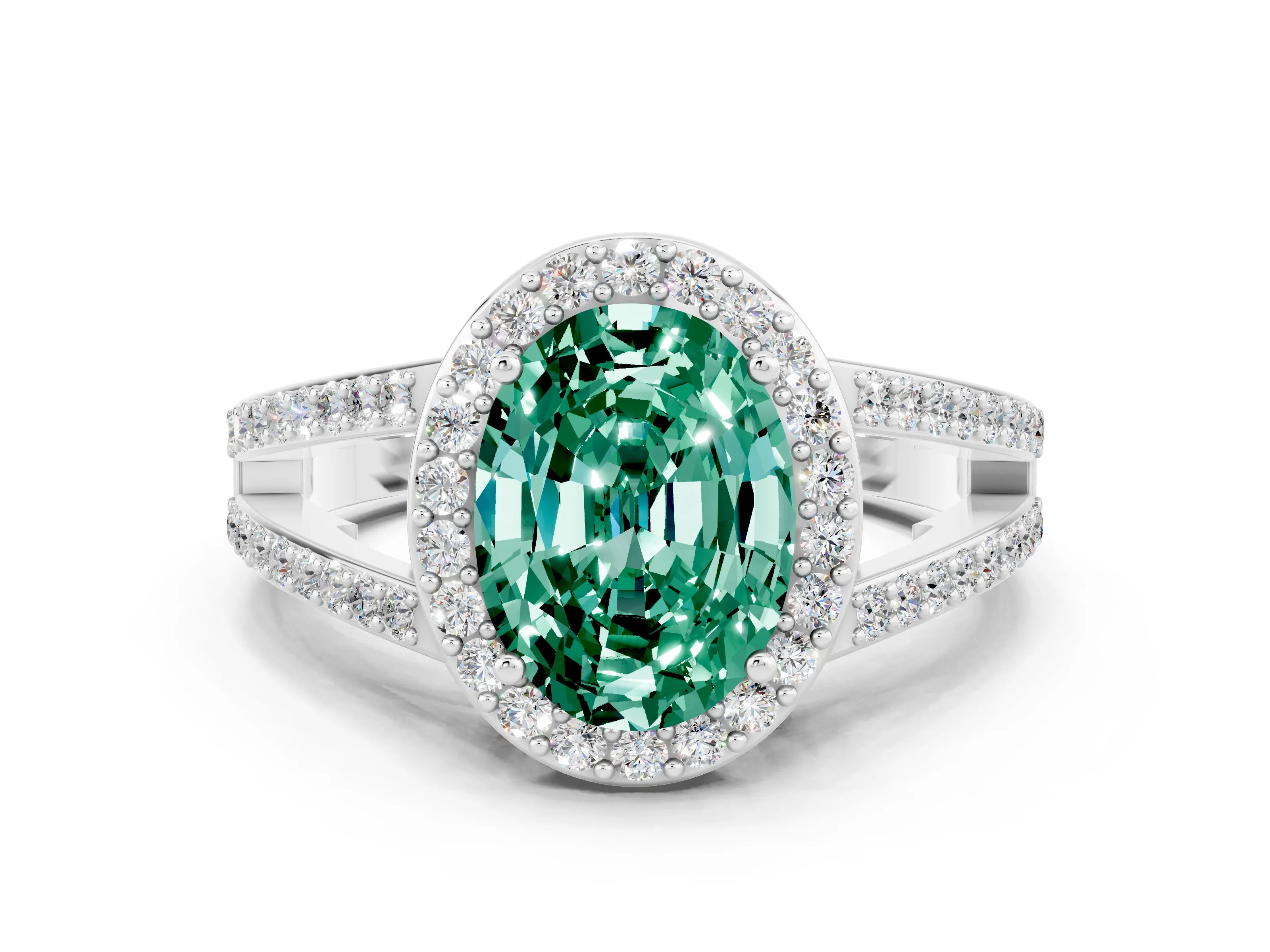 White gold Oval Cut Green Sapphire Halo Ring with Split Shank U-Prong Band and Four-Prong Setting