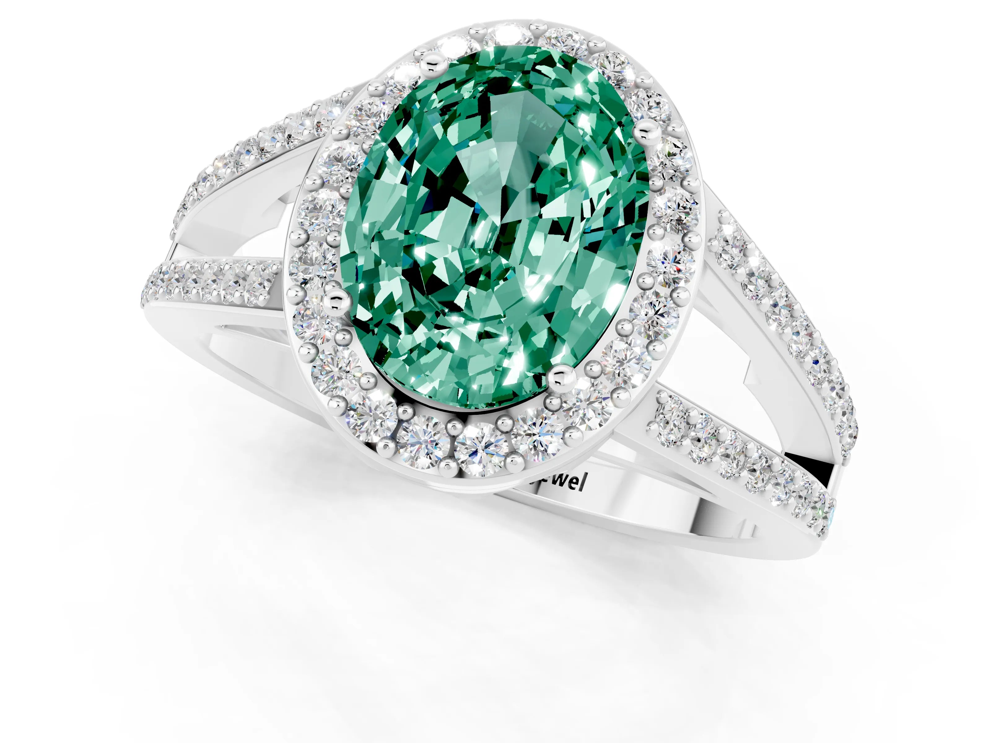 White gold Oval Cut Green Sapphire Halo Ring with Split Shank U-Prong Band and Four-Prong Setting_1
