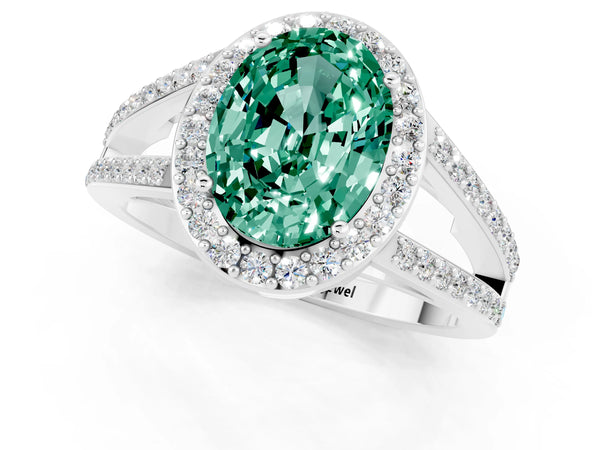 White gold Oval Cut Green Sapphire Halo Ring with Split Shank U-Prong Band and Four-Prong Setting