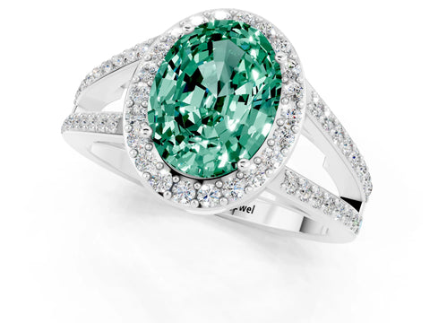 White gold Oval Cut Green Sapphire Halo Ring with Split Shank U-Prong Band and Four-Prong Setting_1