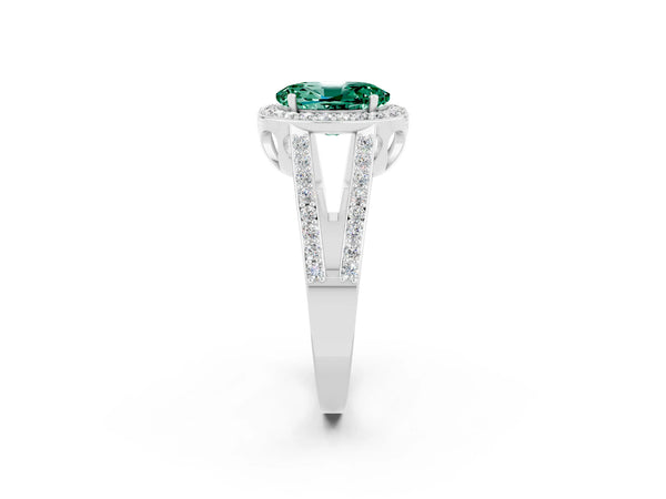 Platinum Oval Cut Green Sapphire Halo Ring with Split Shank U-Prong Band and Four-Prong Setting