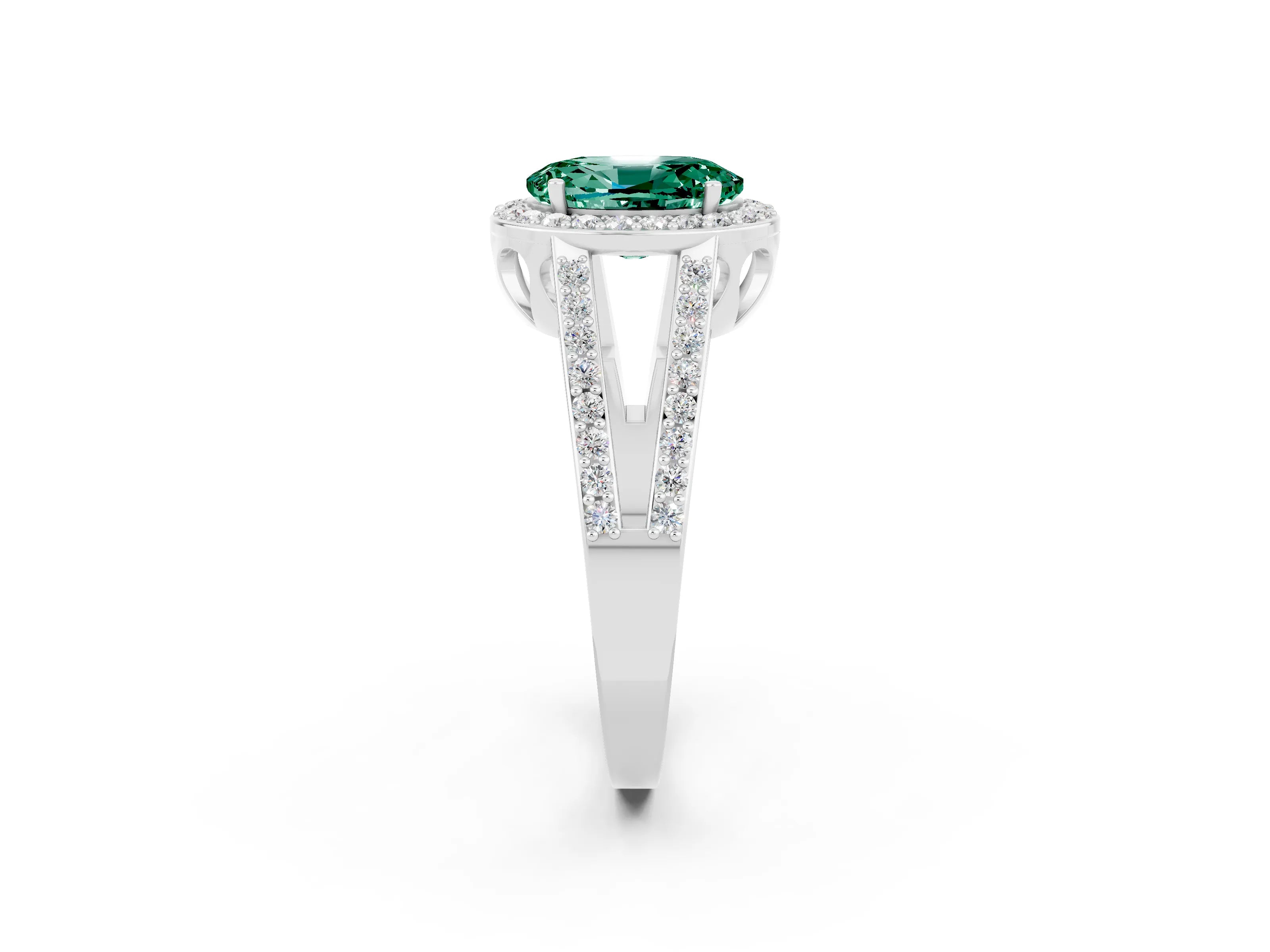 White gold Oval Cut Green Sapphire Halo Ring with Split Shank U-Prong Band and Four-Prong Setting_2
