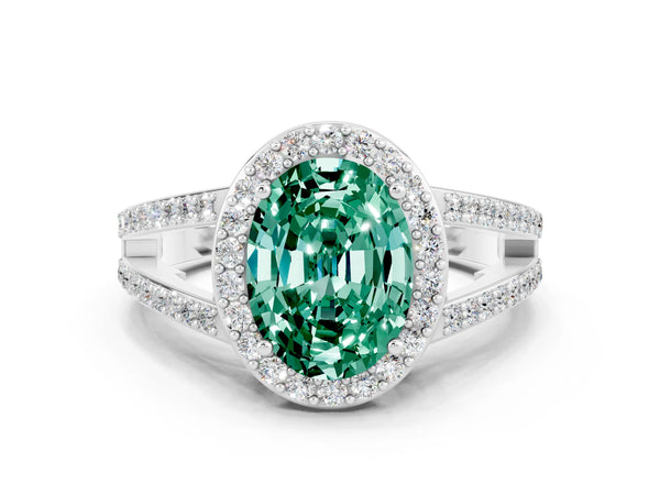 White gold Oval Cut Green Sapphire Halo Ring with Split Shank U-Prong Band and Four-Prong Setting