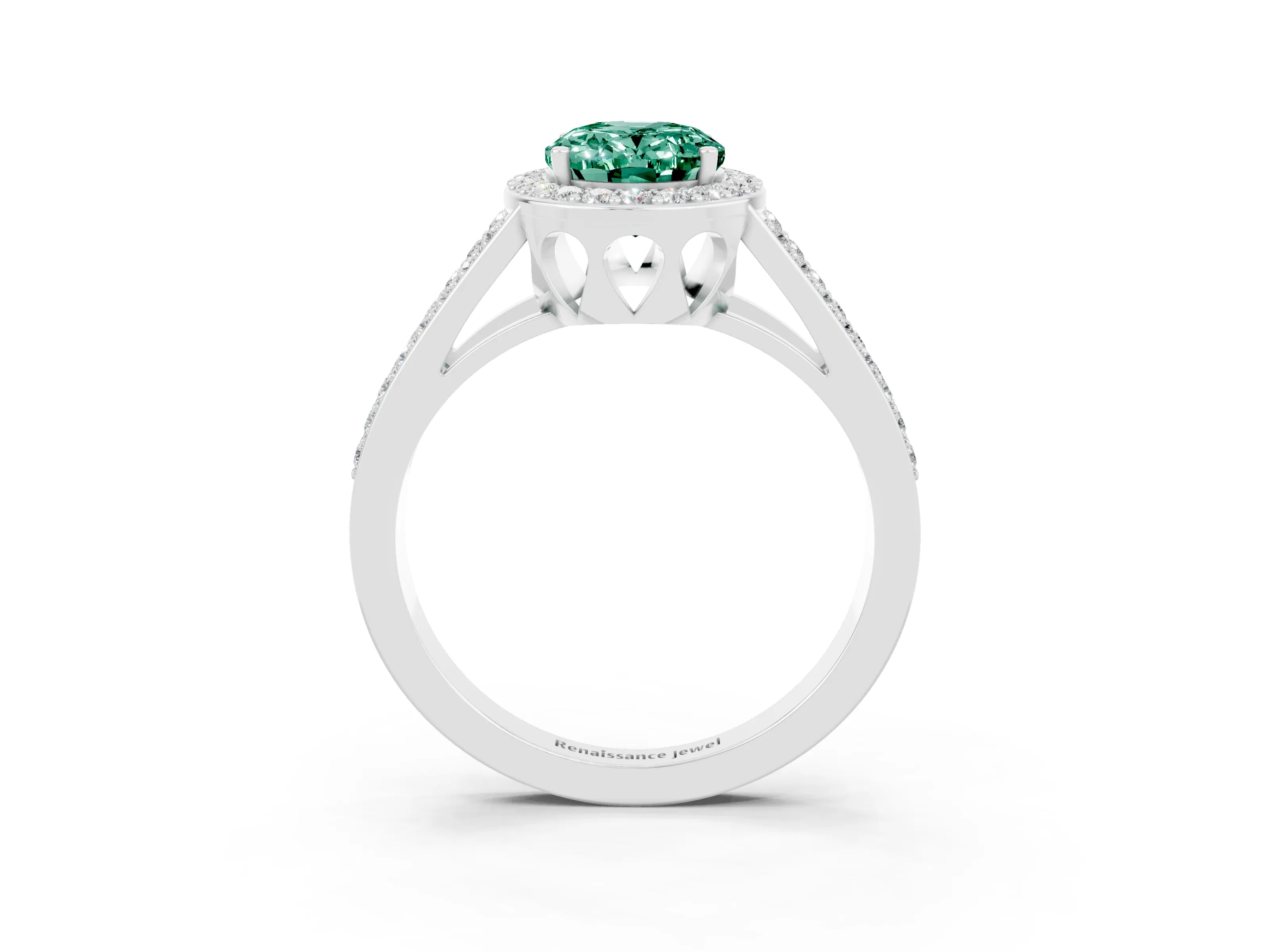 White gold Oval Cut Green Sapphire Halo Ring with Split Shank U-Prong Band and Four-Prong Setting_3