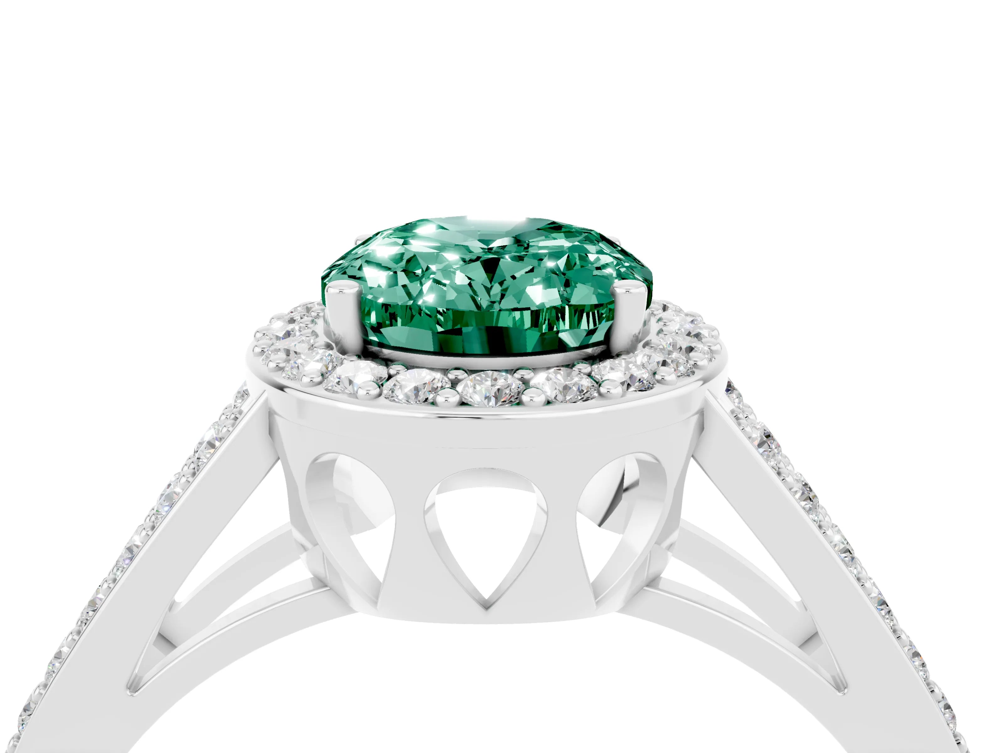 White gold Oval Cut Green Sapphire Halo Ring with Split Shank U-Prong Band and Four-Prong Setting_4