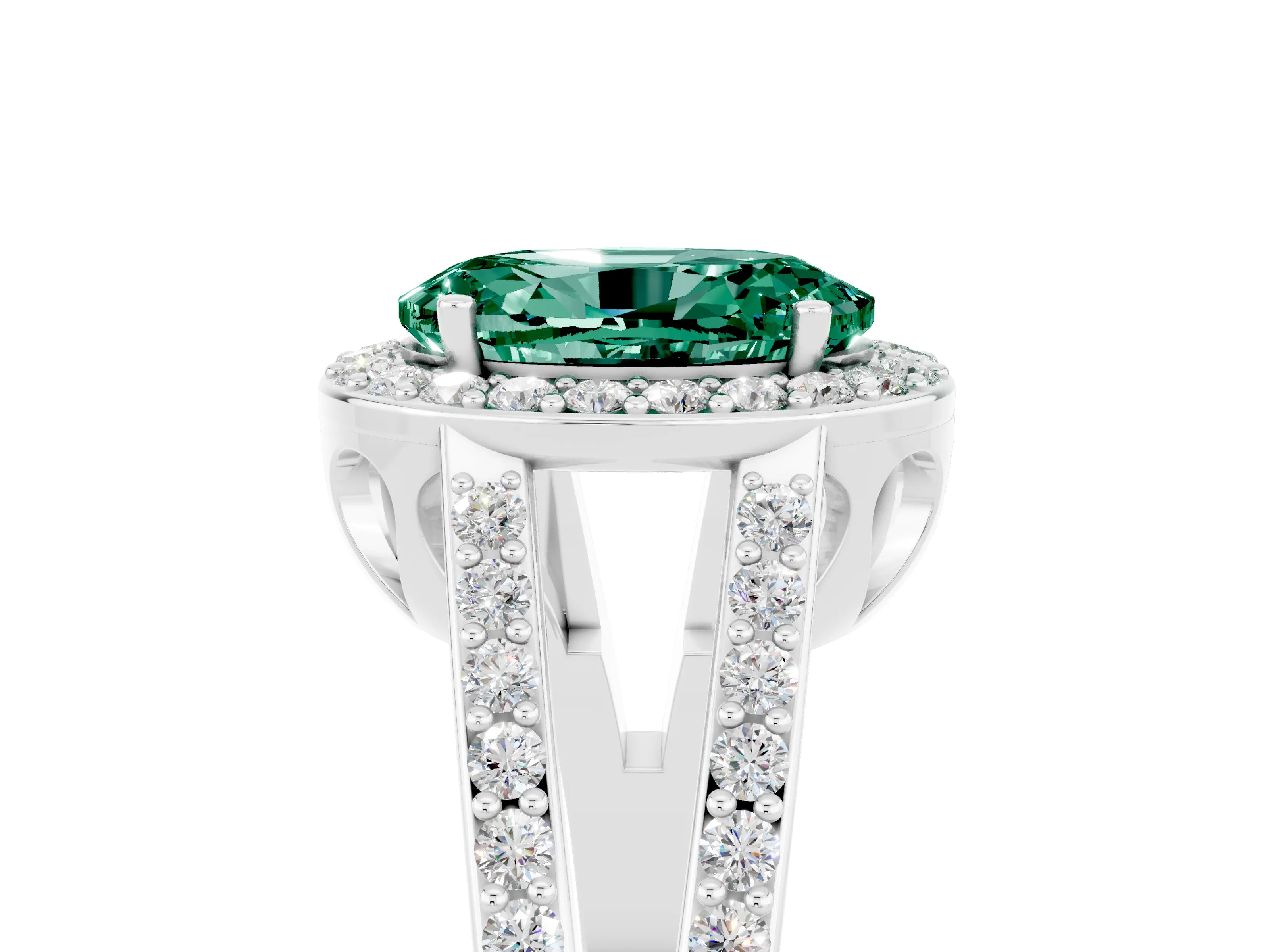 White gold Oval Cut Green Sapphire Halo Ring with Split Shank U-Prong Band and Four-Prong Setting_5