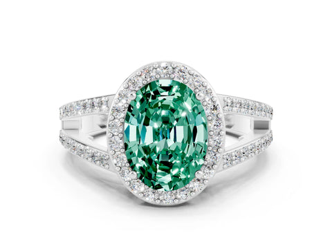 White gold Oval Cut Green Sapphire Halo Ring with Split Shank U-Prong Band and Four-Prong Setting