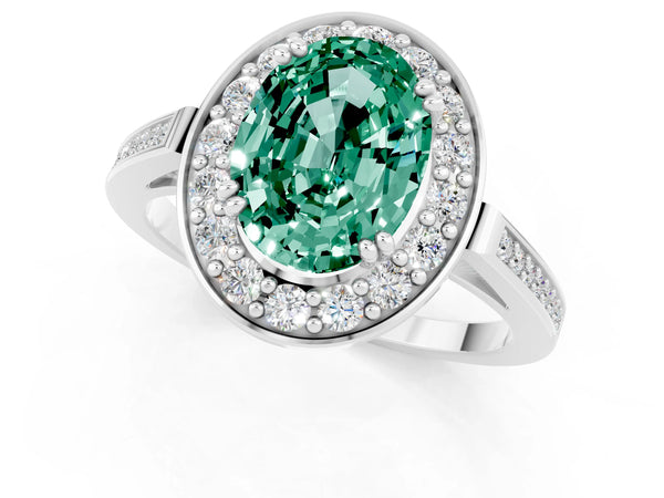 Platinum Oval Cut Green Sapphire Halo Ring with Split Shank and Four-Prong Setting