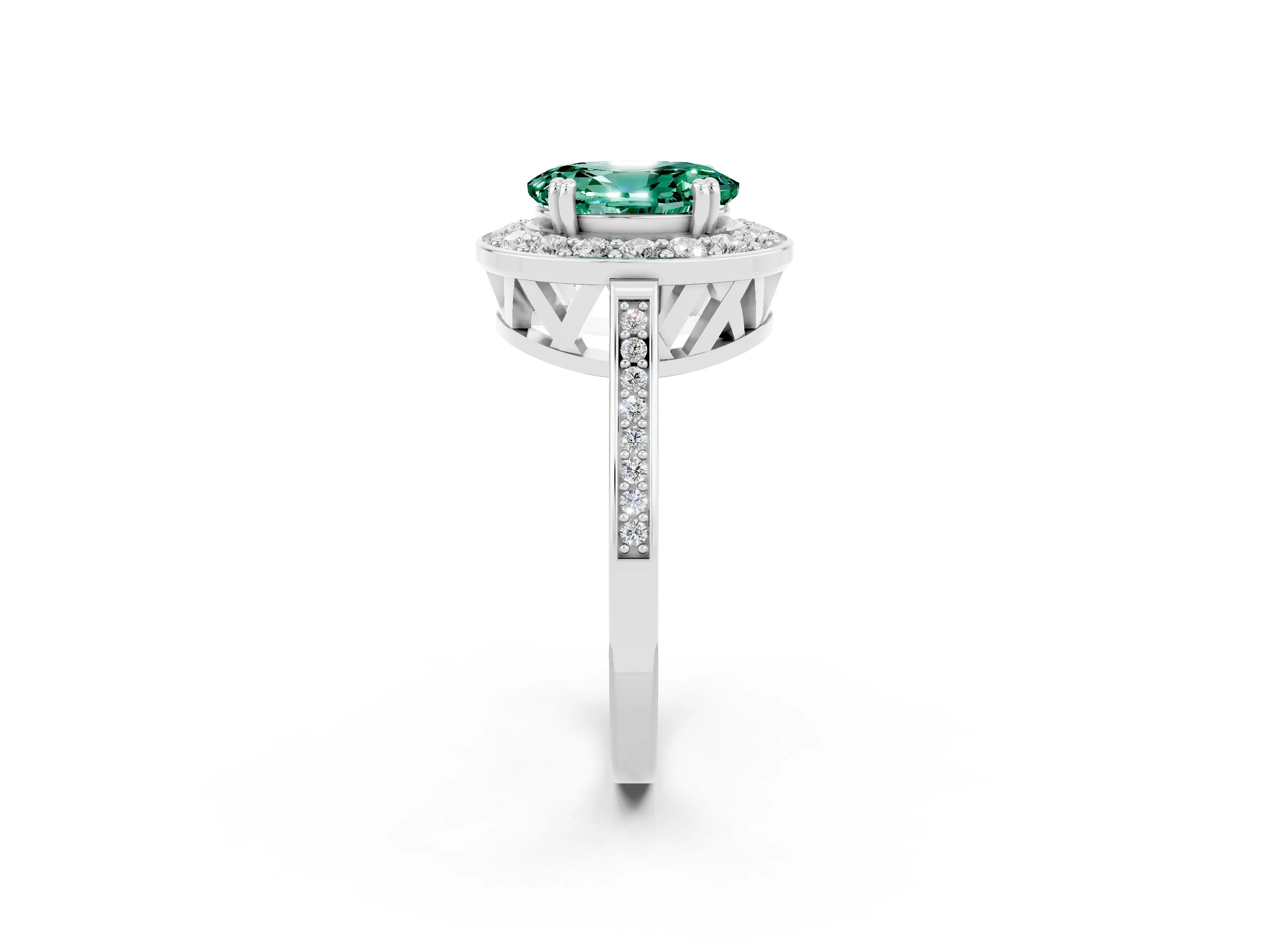 White gold Oval Cut Green Sapphire Halo Ring with Split Shank and Four-Prong Setting_14