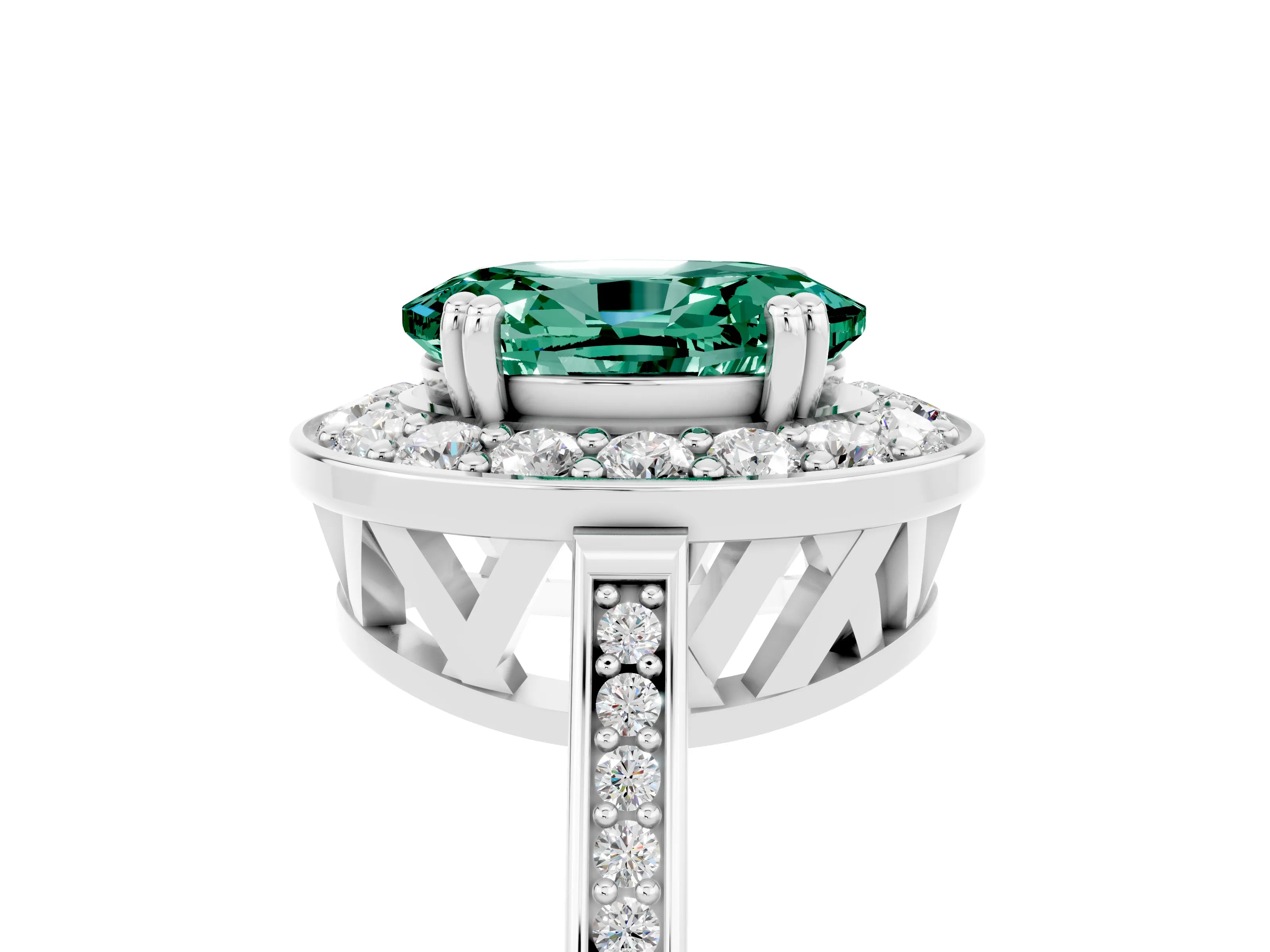White gold Oval Cut Green Sapphire Halo Ring with Split Shank and Four-Prong Setting_17