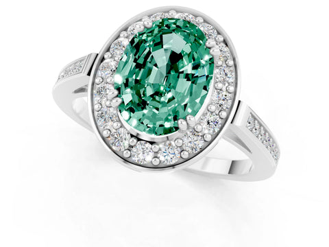 White gold Oval Cut Green Sapphire Halo Ring with Split Shank and Four-Prong Setting_1