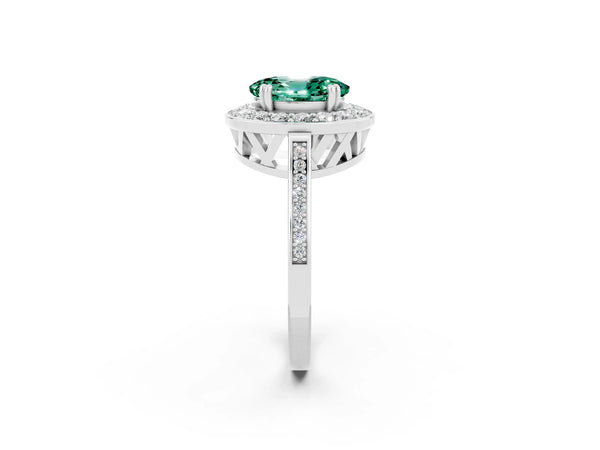 Platinum Oval Cut Green Sapphire Halo Ring with Split Shank and Four-Prong Setting