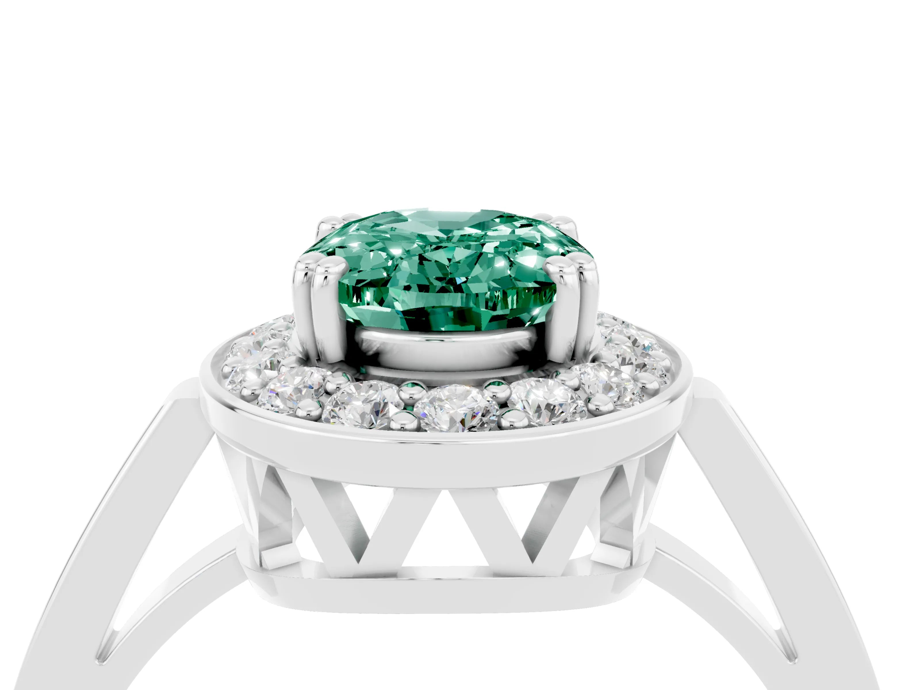 White gold Oval Cut Green Sapphire Halo Ring with Split Shank and Four-Prong Setting_4
