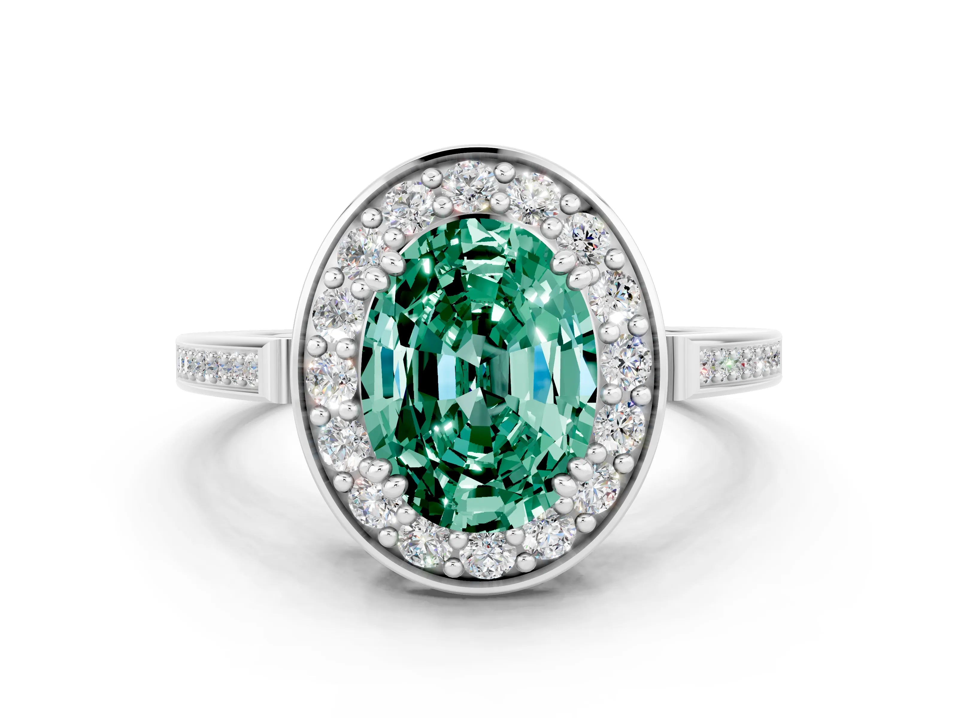 White gold Oval Cut Green Sapphire Halo Ring with Split Shank and Four-Prong Setting