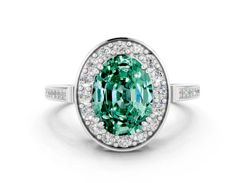 White gold Oval Cut Green Sapphire Halo Ring with Split Shank and Four-Prong Setting