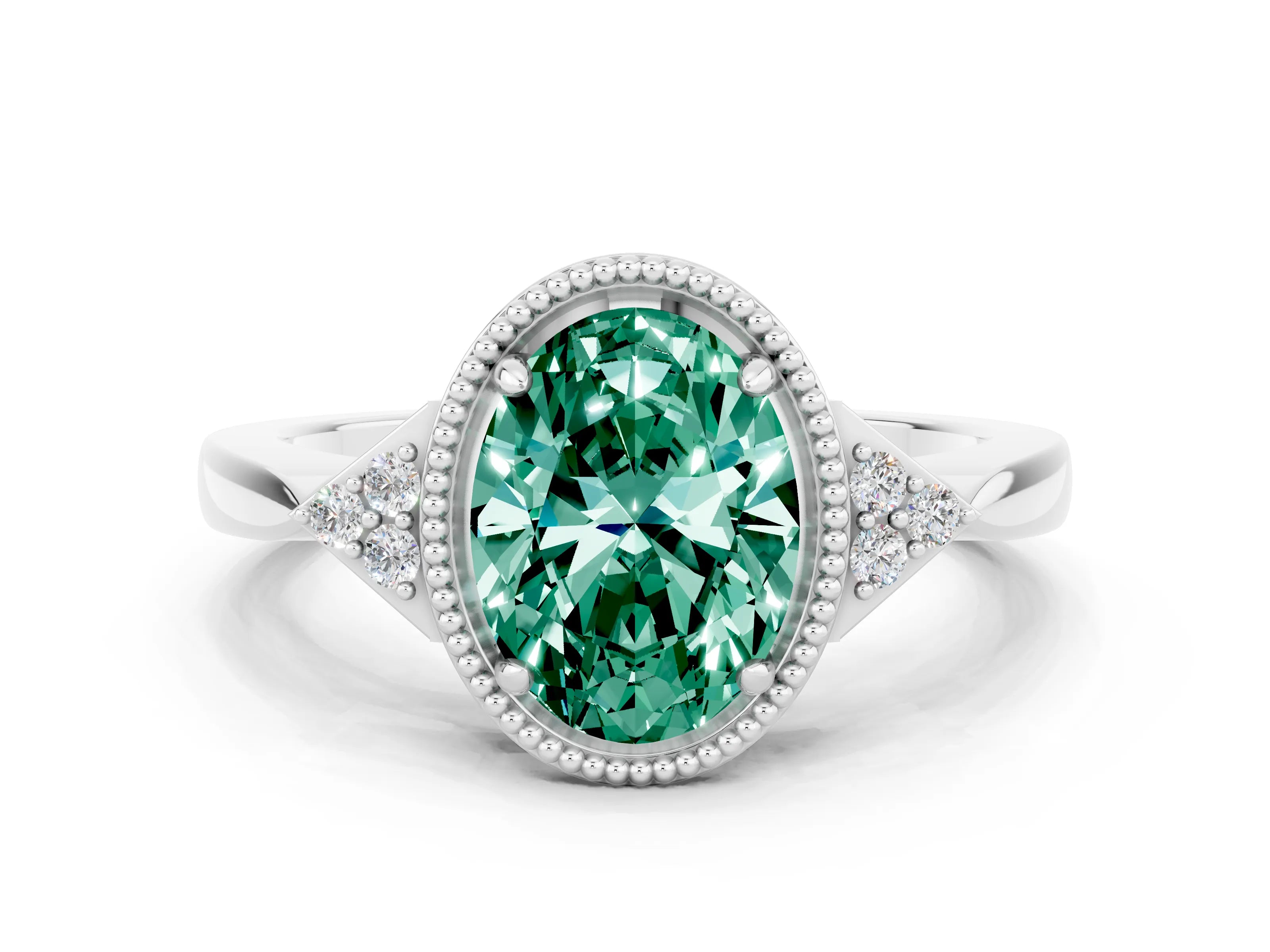 White gold Oval Cut Green Sapphire Halo Ring with Tapered Band and Four-Prong Setting
