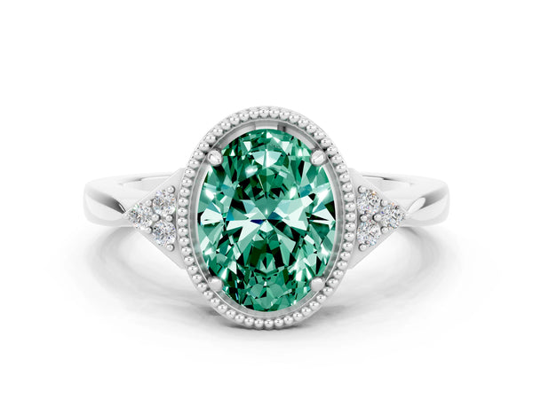 Platinum Oval Cut Green Sapphire Halo Ring with Tapered Band and Four-Prong Setting