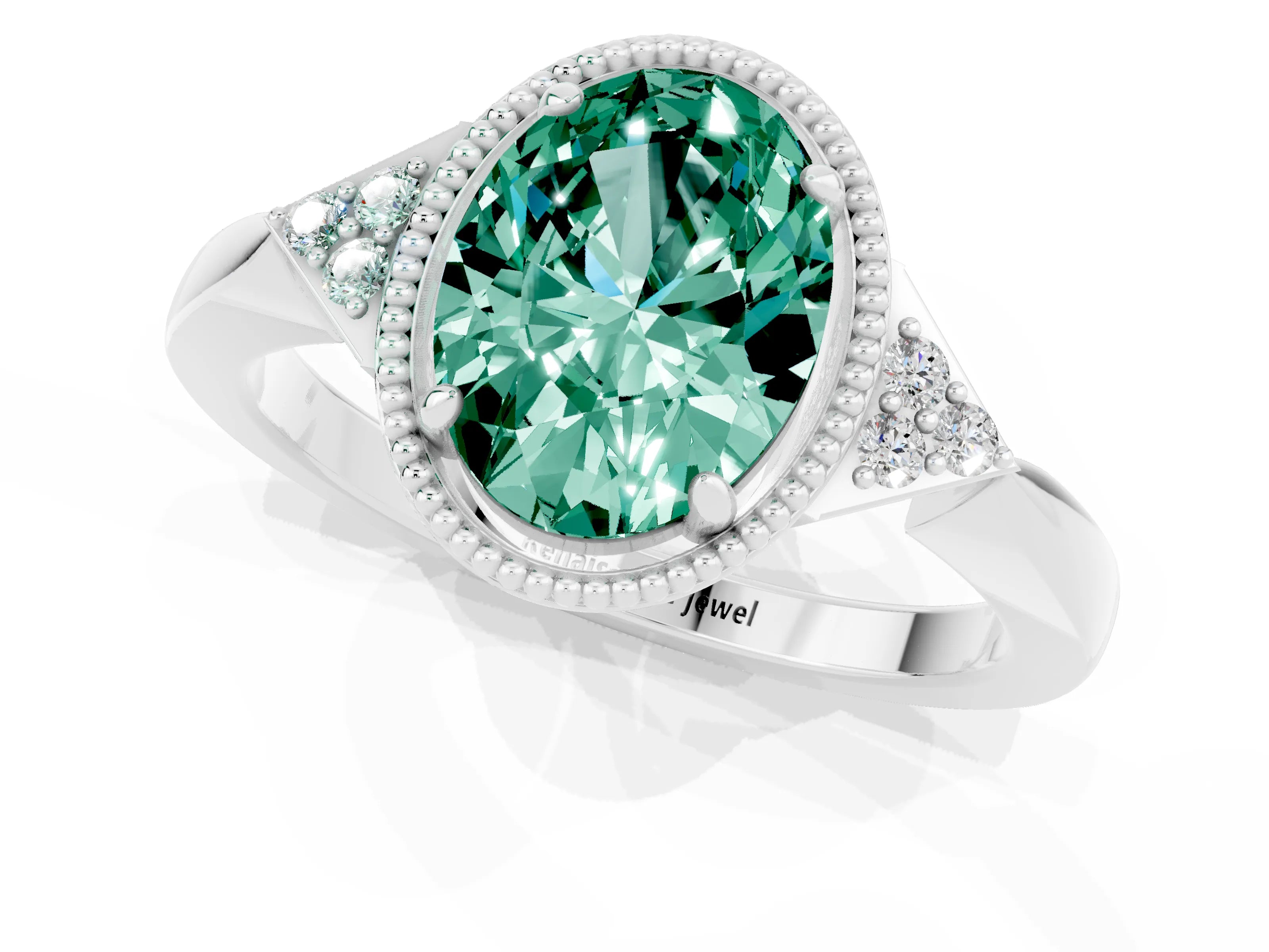 White gold Oval Cut Green Sapphire Halo Ring with Tapered Band and Four-Prong Setting_1