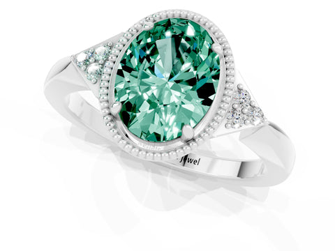 White gold Oval Cut Green Sapphire Halo Ring with Tapered Band and Four-Prong Setting_1