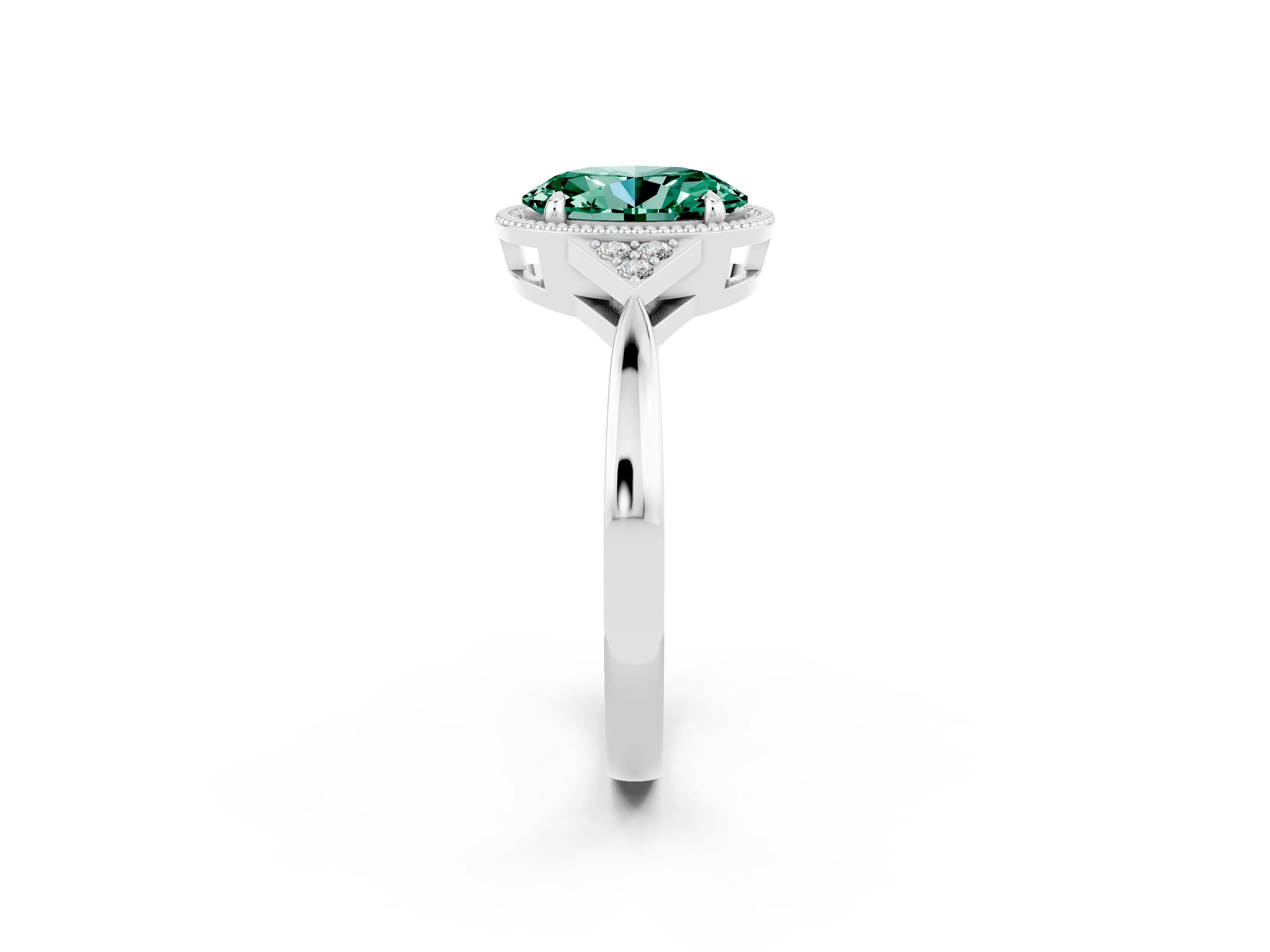 White gold Oval Cut Green Sapphire Halo Ring with Tapered Band and Four-Prong Setting_2
