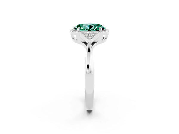 Platinum Oval Cut Green Sapphire Halo Ring with Tapered Band and Four-Prong Setting